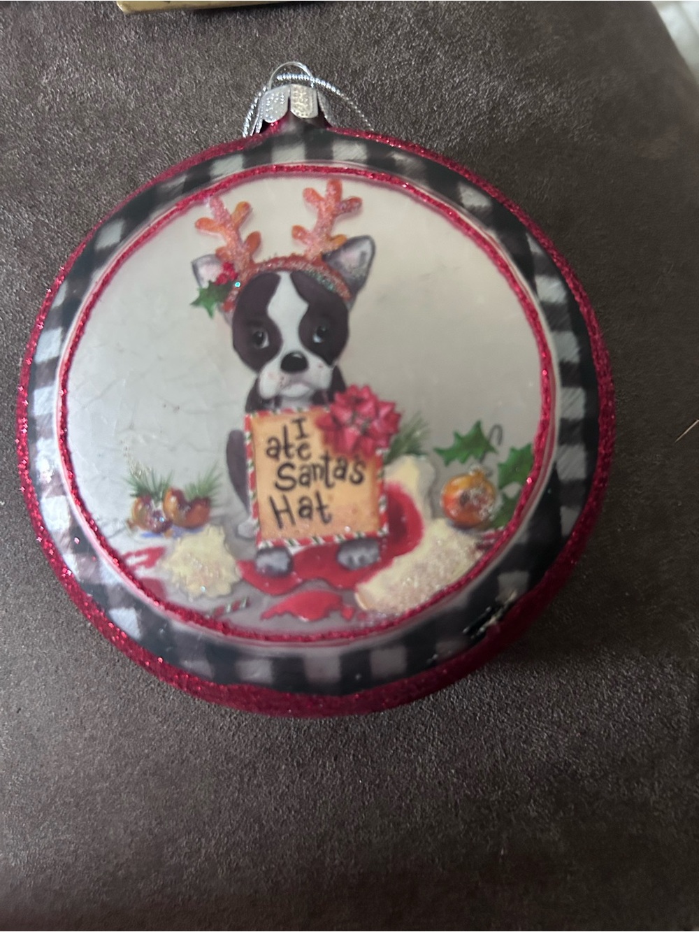 Vintage Boston terrier Pup Dog Glass Disk Christmas Ornamenti ate Santa hat